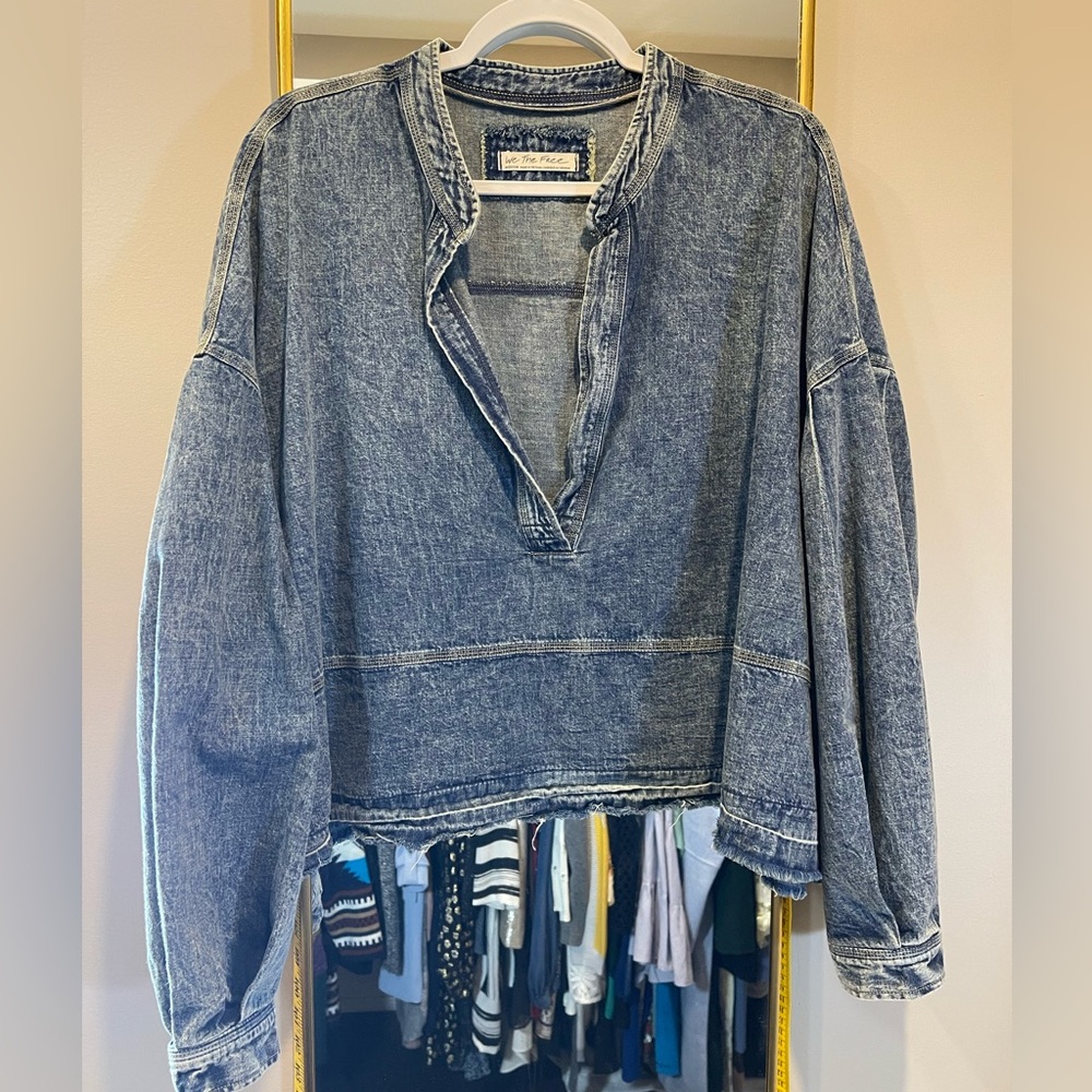 FREE PEOPLE Oversized Jade Blue Denim Top | Stylish Layering | Elevated Casual - Picture 5 of 16